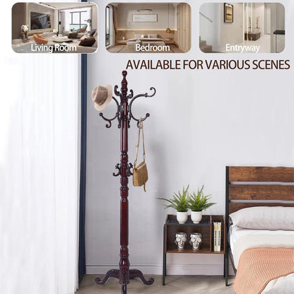 Wooden Coat Racks, Retro 78" Coat Tree with 14 Hooks & Stable Triangular Base, Entryway Coat Rack Freestanding for Hat, Clothes, Scarves, Handbags, Umbrella (Mahogany)