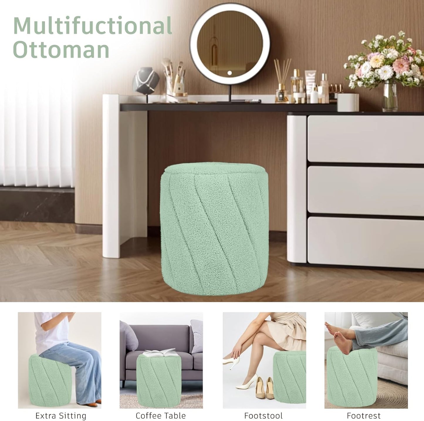 Modern Round Ottoman, Spiral-Tufted Foot Stool Ottoman, Teddy Fleece Upholstered Vanity Stool for Makeup, Bedroom, Living Room, Light Green