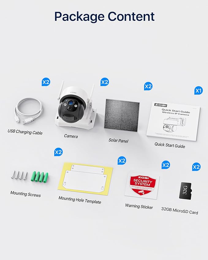 ZOSI C291 2 x 2.5K 4MP Wireless Battery Security Camera Outdoor, Solar Powered Pan/Tilt Camera, 360 View, PIR Human Detect, Color Night Vision, 2-Way Talk, Light Siren Alarm, 32GB Memory Card