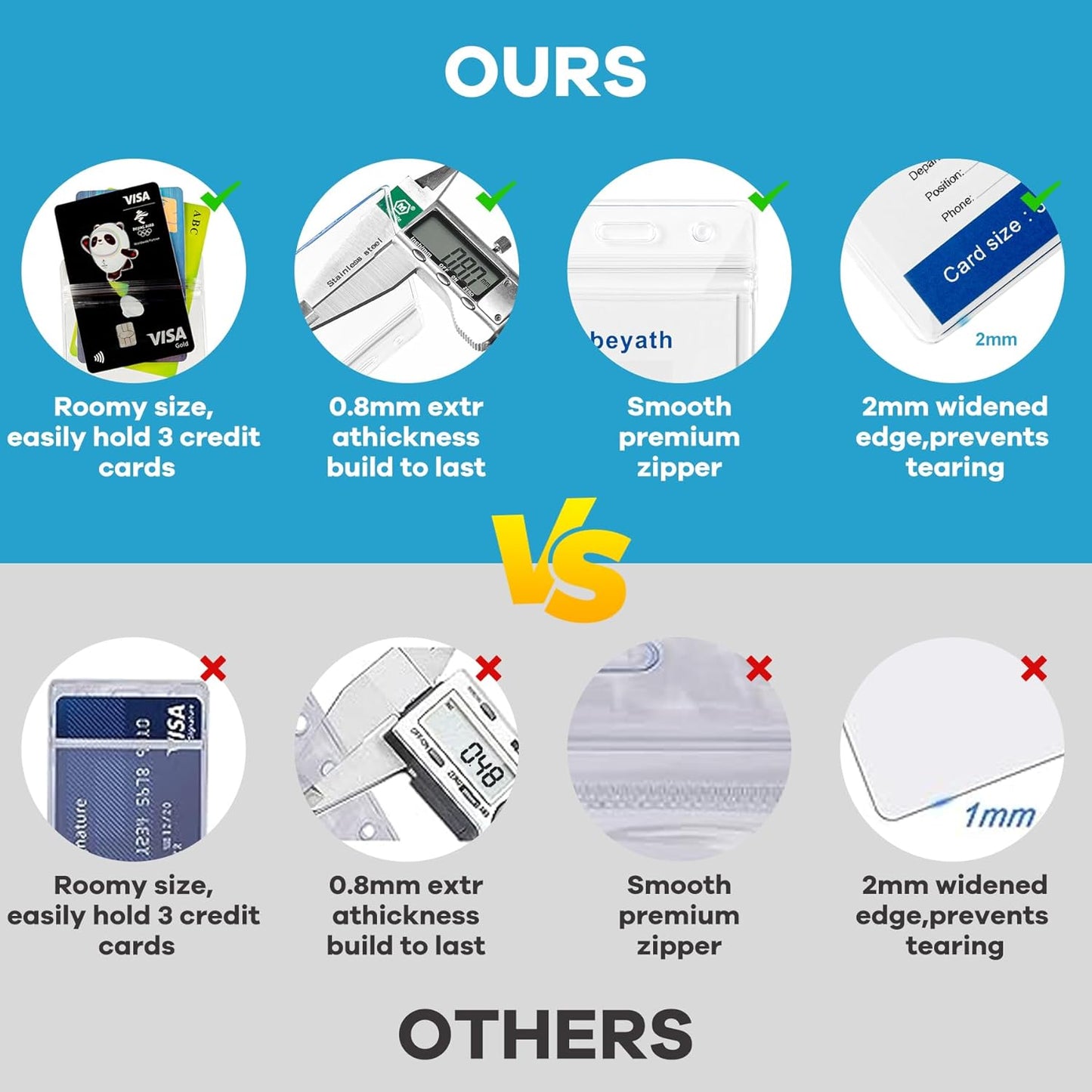 Abeyath10 Pack Extra Thick ID Card Name Badge Holder Heavy Duty Waterproof Clear Plastic PVC Horizontal Sleeve Pocket Resealable