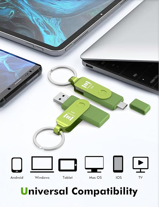 MOSDART 64GB USB3.1 Fast Speed C and A Dual Flash Drive, exFAT Memory Stick with Keychain and LED Indicator, for iPhone 15,16,17, Android Phone, iPad, MacBook, and Other Laptops, Green