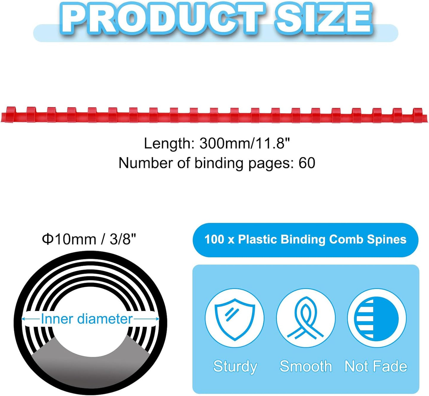 PATIKIL 10mm (3/8") Plastic Binding Combs, 100 Pcs 21 Rings Comb Binding Spines 60 Sheet Capacity Letter Size for Binding Paper Sheets, Red