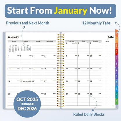 SUNEE 2026 Weekly and Monthly Planner - from January 2026 - December 2026, 8.5"x11" Daily Agenda Planner with Monthly Tab, Flexible Cover, Note Pages, Pockets, Bookmark, Spiral Binding, Gray Blue