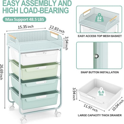 Rolling Utility Storage Cart with 4 Drawers - 4 Tiers Rolling Cart Craft Cart, Storage Drawer Cart Organizer for Craft Room Office Bedroom Classroom with Mesh Top & 4 PCS DIY Lable, Green