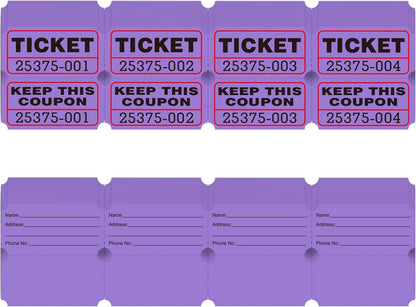 DGBDPACK 100 Raffle Tickets, 50/50 Double Ticket, Bold Numbers for Easy Reading, Ticket for Events, Entry, Class Reward & Prizes -Purple