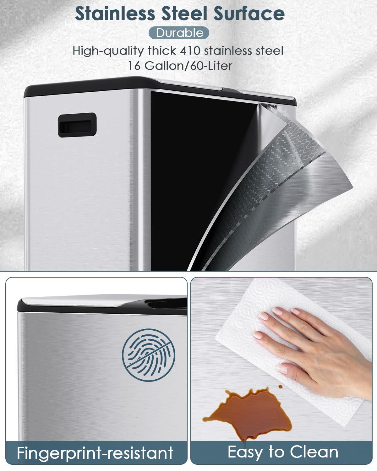 Arlopu 16Gal Dual Trash Can w/2 Built-in Box for Odor Control, Hands-Free Kitchen Garbage Bin, Recycle Waste Dustbin, Soft-Close Lid, 2 Buckets,Foot Pedal, Side Handle, Airtight,for Home Office