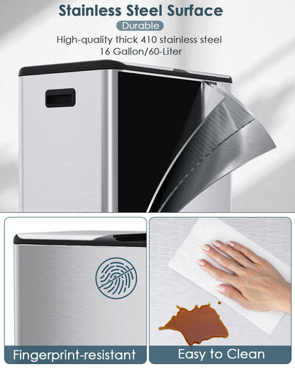 Arlopu 16Gal Dual Trash Can w/2 Built-in Box for Odor Control, Hands-Free Kitchen Garbage Bin, Recycle Waste Dustbin, Soft-Close Lid, 2 Buckets,Foot Pedal, Side Handle, Airtight,for Home Office