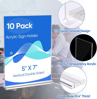 10 Pack Acrylic Sign Holder 5 x 7, Clear Double Side T Shape Acrylic Table Sign Stands for Displaying, Flyer Holder Paper Card Holder for Office Business Store Mall Restaurants