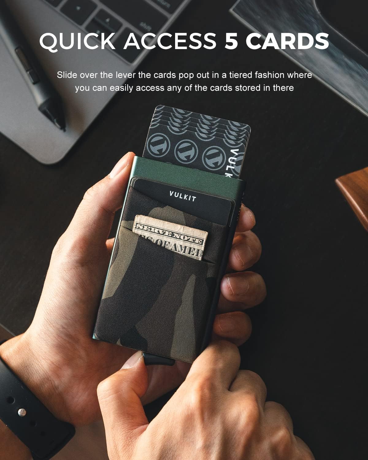 VULKIT Card Holder with Money Pocket Pop Up Wallet RFID Blocking Slim Metal Bank Card Case Holds 5 Cards and Notes