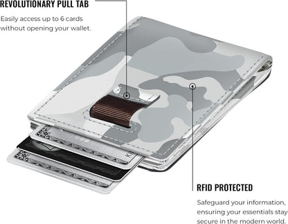 Kings Loot Money Clip Slim Minimalist Wallet for Men – RFID Blocking Leather Design with Money Clip – Front Pocket Bifold Holds 12 Cards – Stylish & Compact Wallets (Camo White)