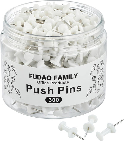 FUDAO FAMILY 300pcs Push Pins for Bulletin Board, Thumb Tacks for Wall Corkboard, Map Pins - Home Office Craft Projects Plastic Head Steel Push Pin (White)