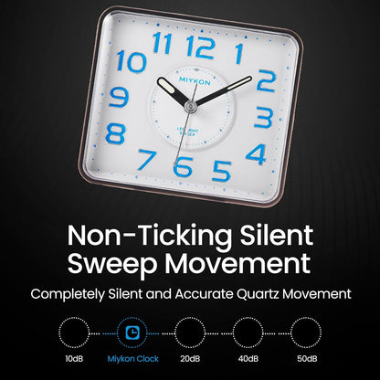 Miykon Small Square Analog Alarm Clock – Silent Non-Ticking, Battery Operated with LED Light & Snooze – Desk, Table, Travel or Bedside Clock for Bedroom, Office, Bathroom – Black 4 Inch