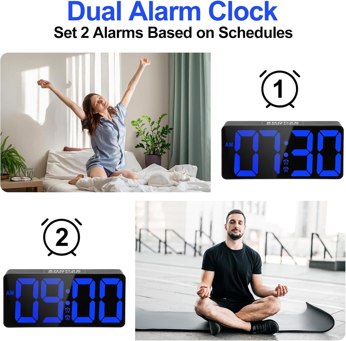 PPLEE Alarm Clock for Bedroom with Night Light & Bold Digits-7 in Digital Clock with Dual Alarms & USB Charger Ports,Battery Backup,Adjustable Brightness&Volume,DST, Loud Desk Clock for Heavy Sleeper