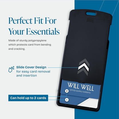 Will Well Vertical Sliding Badge Holder for Lanyards - Hard ABS Plastic 4.13" x 3.3" Protector Fits Up to 2 Standard-Sized Cards, Lightweight Secure Quick-Access Slide Cover Design - 6-Pack, Black