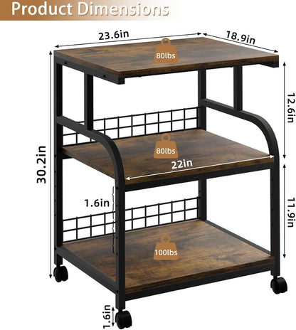 Lerliuo Large Printer Stand with Storage, 23.6"W x 18.9"D x 30.2"H, 5-Adjustable Shelf Heights Mobile 3 Tier Table with Lockable Wheels, Industrial Rolling Printer Cart, Brown Stands for Home Office
