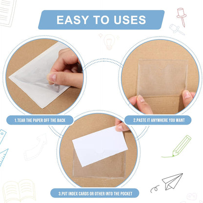 Outus 500 Pack Self Adhesive Index Card Holder Clear Plastic Label Pockets with Top Open for Loading Sticky Business Card Sleeves for Storage Bins Library Organizing Photo Protecting(4.06 x 2.48 Inch)
