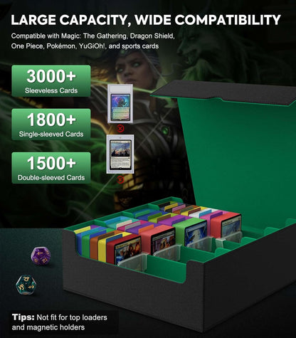 MoKo Trading Card Storage Box, 3000+ MTG Deck Box with 24 Colorful Dividers & 4 Card Supporters, Commander Card Deck Case Fits for Magic Game Cards, YugiOh, TCG, PTG and Sport Cards, Green