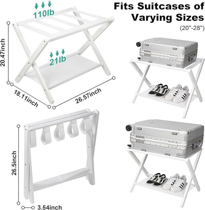 VASMIA Luggage Rack, Folding Suitcase Stand with Storage Shelf,Bamboo Luggage Stand for Guest Room,Bedroon and Hotel,Holds up to 131 lb,Fit Most Luggage Size,White