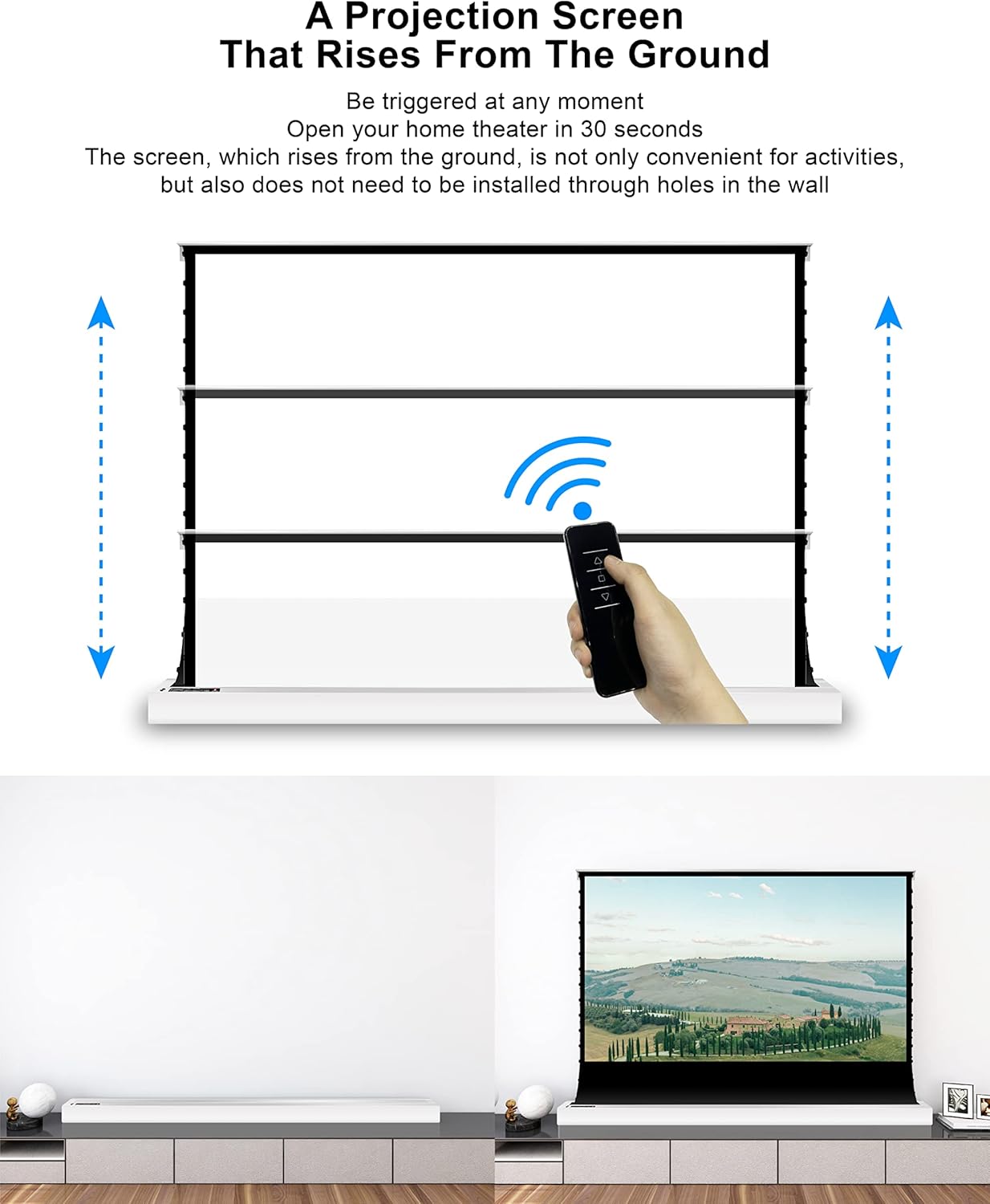 VIVIDSTORM-Home Cinema S 92 inches Portable Folding Stand Floor Rising Movie Screen Sound Transparent Perforated White Screen Compatible with Ordinary Projector,VWSDSTPW92H