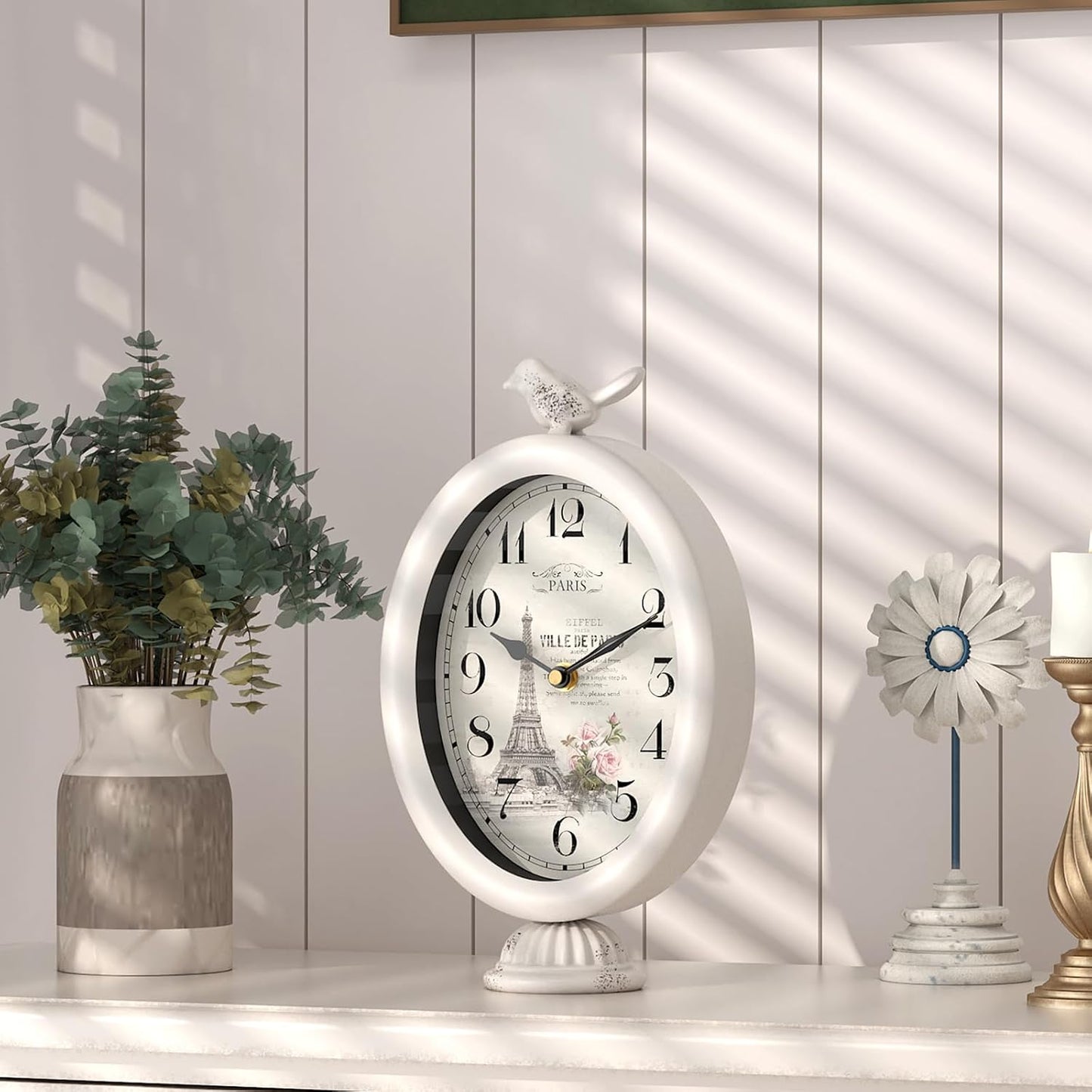 Vintage Table Clock with Bird, Desk and Shelf Decor Clock, French Paris Style, Antique White Metal Mantel Clocks for Living Room, Farmhouse, Bedroom, Bedside, Gift (10" H x 5.9" W)