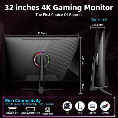 32 Inch Ultra Wide UHD 4K (3840 x 2160) Gaming Monitor, IPS 60Hz Ultra-Clear Screen, 1ms (MPRT), 100% sRGB, Built-in Speaker,FreeSync, 2 x DP 1.4 and 2 x HDMI 2.0, Tilt Height Adjustment