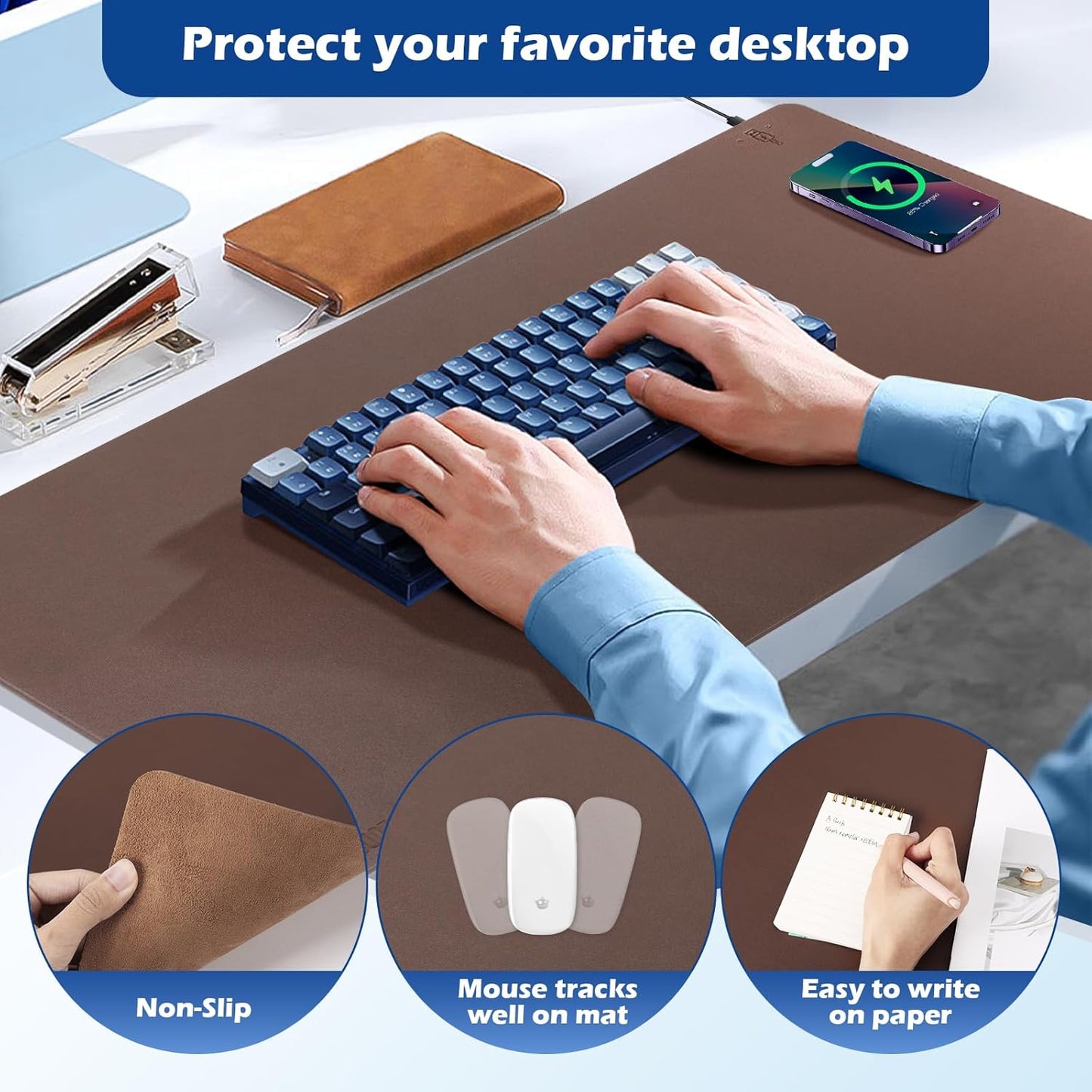 Wireless Charging Desk Mat with Desk Pad for Desktop Charging Large Mouse Pad Waterproof Leather Computer Mat Mouse Pad Non-Slip Protector on Top of Desks for Keyboard and Mouse (brown-r, 36*17inch)