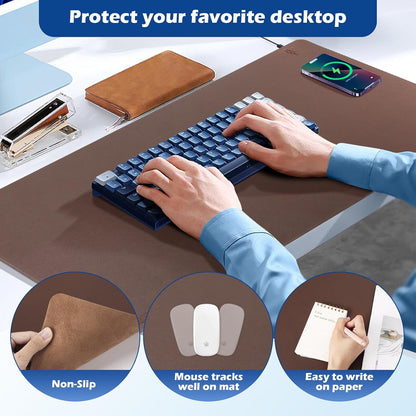 Wireless Charging Desk Mat with Desk Pad for Desktop Charging Large Mouse Pad Waterproof Leather Computer Mat Mouse Pad Non-Slip Protector on Top of Desks for Keyboard and Mouse (brown-r, 36*17inch)