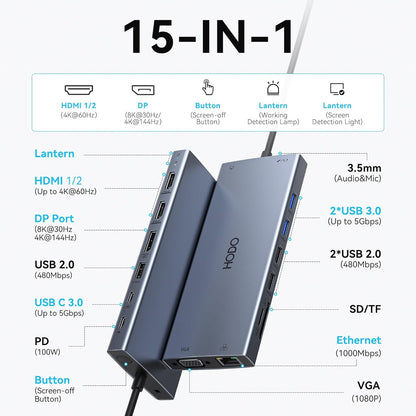 USB C Docking Station Dual Monitor for Dell HP, Laptop Docking Station 3 Monitors 15-in-1 USB C Hub Dock with Dual 4K HDMI+8K DP +VGA+6USB Ports+PD+Ethernet+SD/TF+Audio,USBC Adapter Dongle for Lenovo
