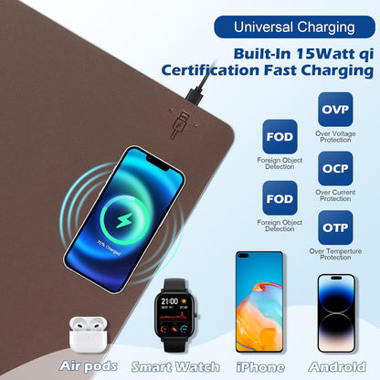 Wireless Charging Desk Mat with Desk Pad for Desktop Charging Large Mouse Pad Waterproof Leather Computer Mat Mouse Pad Non-Slip Protector on Top of Desks for Keyboard and Mouse (brown-r, 36*17inch)