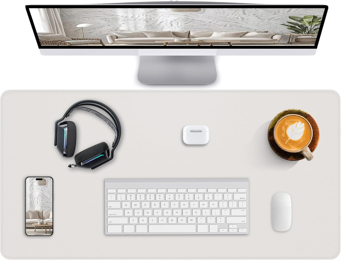 Desk Pad Mat 23.6"x13.7" - Waterproof Mouse Pad & Desk Protector, Non-Slip PU Leather for Gaming Keyboard/Mouse, Stitched Edge XL Office Desk Pad with Ergonomic Support(White)