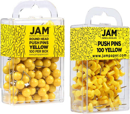 JAM PAPER Colorful Push Pins - Flat & Round Head Thumb Tack Combo Set - Yellow Pushpins - 200/Pack