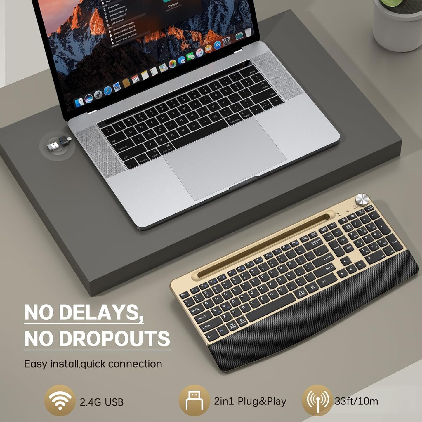 Ergonomic Wireless Keyboard with Wrist Rest-Low-Profile,Phone/Tablet Holder,Quiet Design，Windows & Mac OS，Full Size Cordless USB Computer Keyboard for Desktop,Laptop, PC, Mac, Windows-Gold