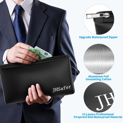 6400℉ Fireproof and Waterproof Money Bags 2pcs with Zipper,11''x6.3'' Fireproof Cash Bag with Zipper,Fireproof Wallet Envelope Safe Pouch Fireproof Bags for Cash Passports Keys Jewellery(Black)