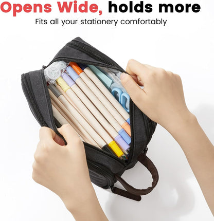 Sooez Large Pencil Case Pouch, Extra Big Pencil Pouch Pencil Bag with PU Handle & Zipper, Sturdy Pen Case with 3 Compartments, Aesthetic School College Supplies Organizer for Men Women Boys, Green