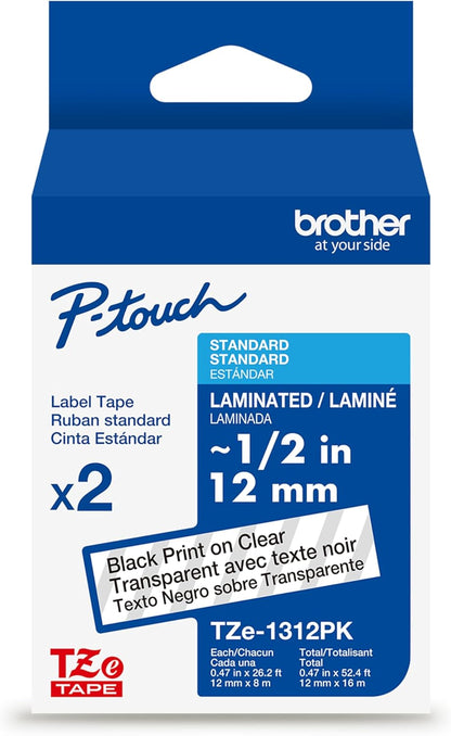 Brother Genuine TZe131~1/2" 2PK Black Print on Clear Label Tape. Each: 0.47 in x 26.2 ft (12 mm x 8 m) Total: 0.47 in x 52.4 ft (12 mm x 16 m)