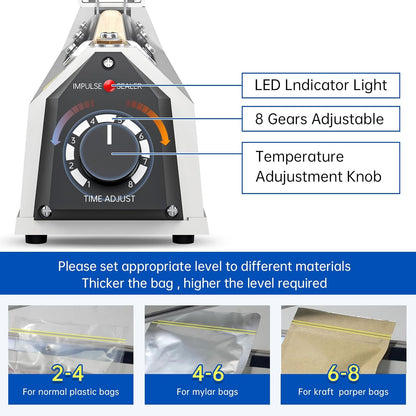 Impulse Heat Sealer with Seal bar, Heavy-Duty Bag Sealing & Cutting Machine, 2 Extra Replacements (white, 8inch)