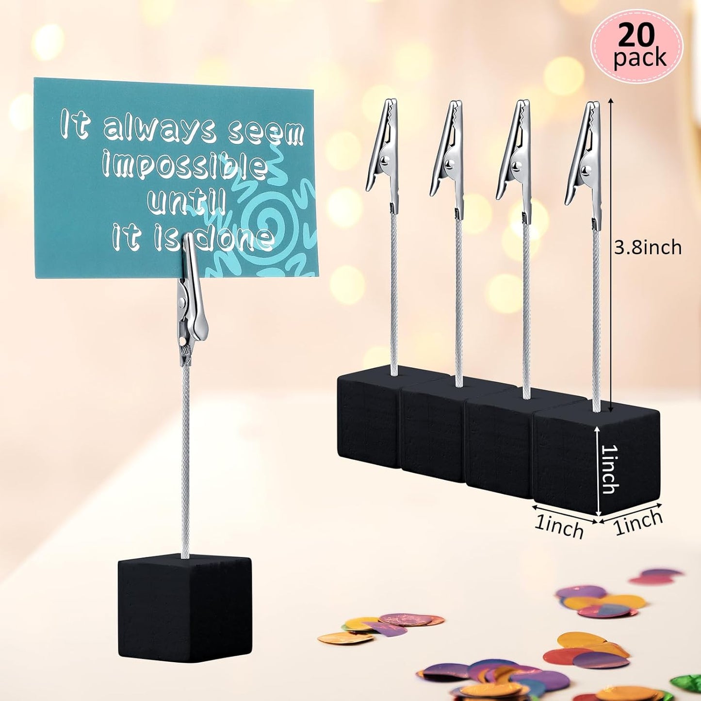 20 Pcs Cube Base Memo Clip Holder with Alligator Clip Wood Table Number Holder Cube Base Place Card Stand Mini Photo Menu Stand for Displaying Number Card(Black)