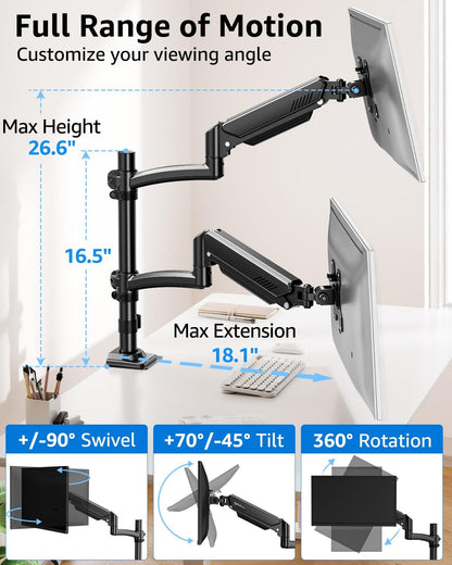 Dual Monitor Stand Holds 4.4-22 lbs Each, Dual Monitor Mount Height up to 26.6 inch, Gas Spring Monitors Arm for Max 32 inch Computer, VESA Mount with C-clamp & Grommet Mounting, Freelift Black