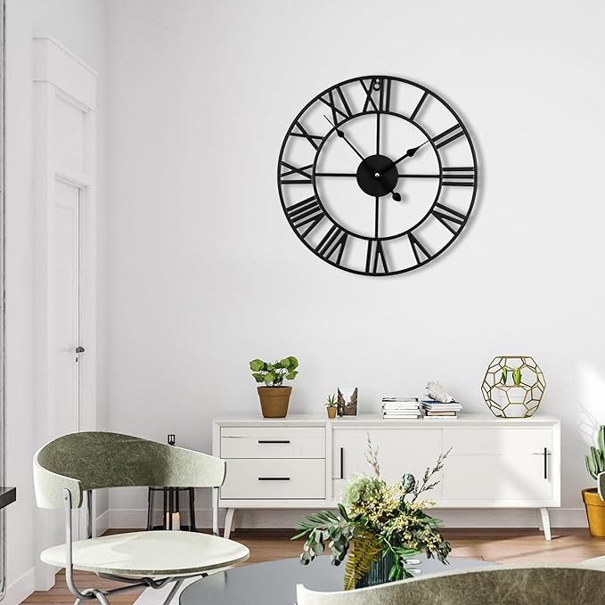 20inch/50cm Large Wall Clocks for Living Room Decor,Modern,Battery Operated,Silent,Non Ticking,Big Black Round Wall Clock for Home,Farmhouse,Office,Decoration(Iron Roman Numerals, 20 inches)