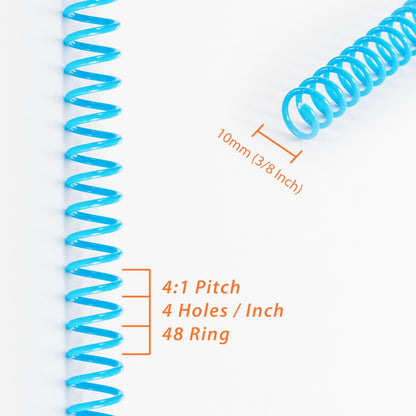TOTiyea 50 Pack Plastic Spiral Binding Coils, 3/8 Inch (10mm), 4:1 Pitch, Assorted Colors, Plastic Binding Spirals (Red, Orange, Yellow, Blue, and Green)