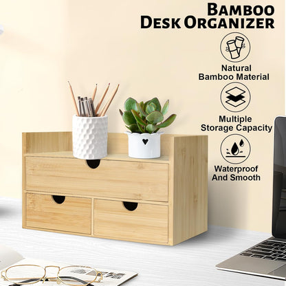 Bamboo Desk Organizer, Desktop Organizer with 3 Drawer, Tabletop Storage Organization Box for Bills, Countertop, Home Office Supplies