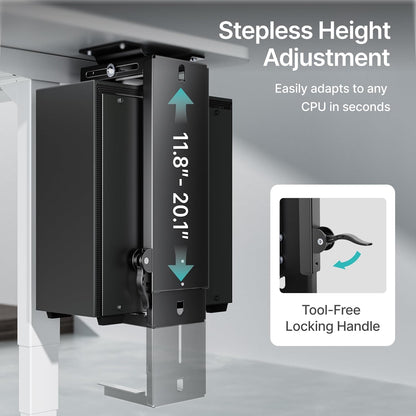 Adjustable Under Desk PC Mount, 3.5 to 8 Inch Wide Computer Tower Holder with Locking Handle,360 Degree Swivel Adjustable Height and Width, Black