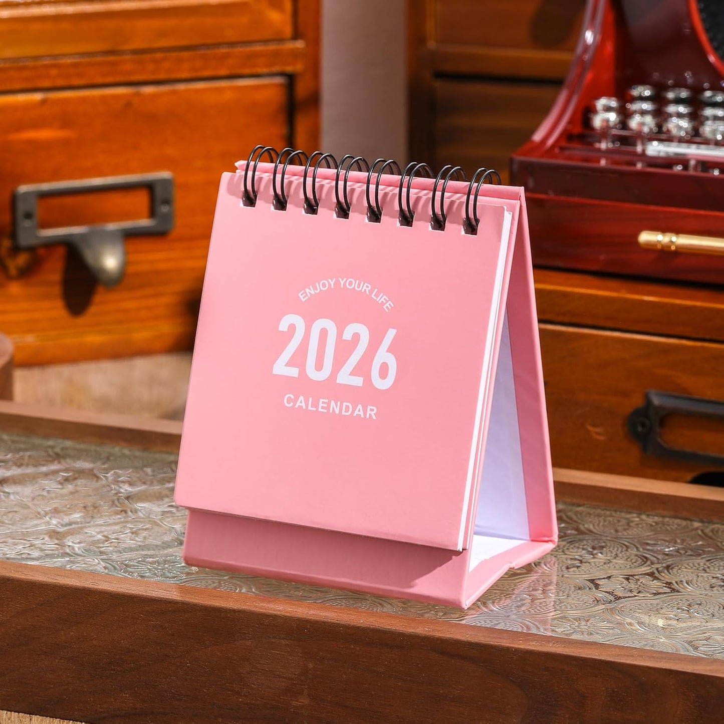 Mini Desk Calendar 2025-2026 - July 2025 to Dec 2026 Small Desktop Calendar Mini Daily Schedule Thick Paper Twin-Wire Binding with Stickers for Home Office School (Mini Pink)