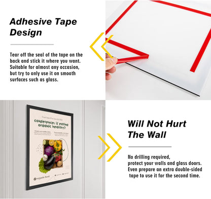 Acrylic Magnetic Sign Holder, Easy-Opening 11 x 17 Wall Mount Display Frames, Self Adhesive Back Plastic Clear Document Frame, Horizontal & Vertical Display (Black, 12Pack)