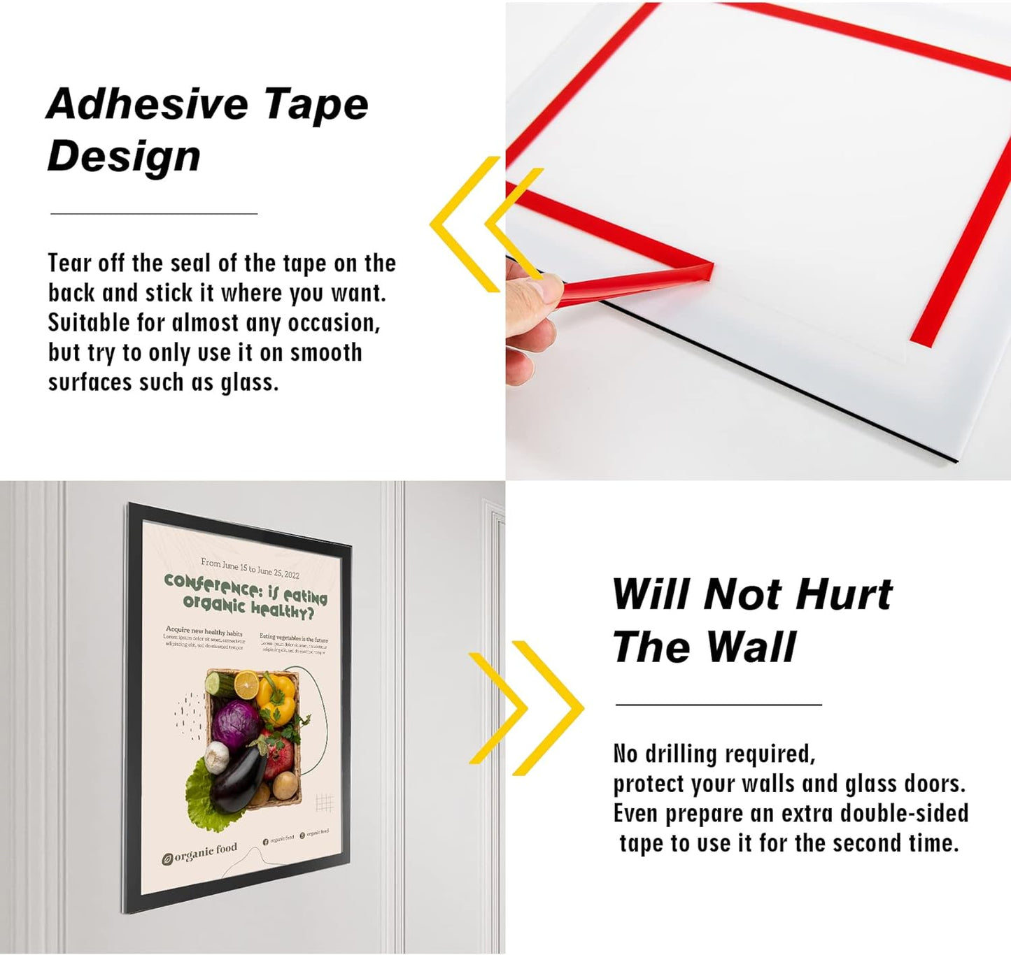 Acrylic Magnetic Sign Holder, Easy-Opening 8.5 x 11 Wall Mount Display Frames, Self Adhesive Back Plastic Clear Document Frame, Horizontal & Vertical Display (Black, 12Pack)