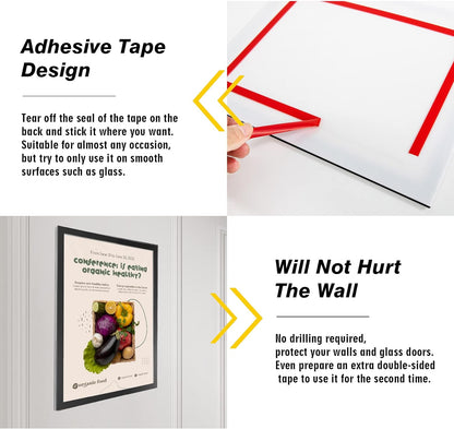 Acrylic Magnetic Sign Holder, Easy-Opening 8.5 x 11 Wall Mount Display Frames, Self Adhesive Back Plastic Clear Document Frame, Horizontal & Vertical Display (Black, 12Pack)