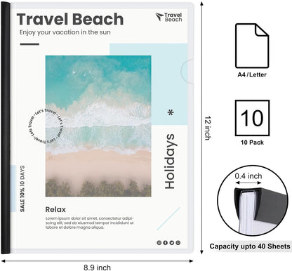 JOERSH 10Pcs Clear Report Covers with Sliding Bar, 40 Sheet Capacity Plastic Binder Paper Protector, Report Folders with Clear Cover for Resume File Documents, Black