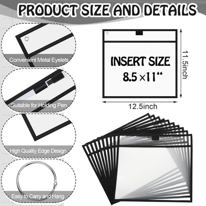 Teling 150 Pcs Dry Erase Pockets Bulk Reusable Job Ticket Holders Clear Plastic Sleeve Protector Work Order Sleeve Shop Ticket Holder for Welcome Teacher Back Office Supplies(11.5 x 12.5'',Black)