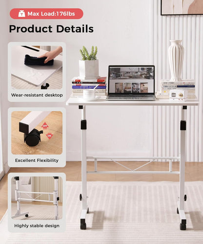 KLSMYHOKI Portable Standing Desk Adjustable Height, Small Computer, Laptop, Mobile Stand Up Rolling Desk with Wheels, Table for Home Office, 16"x31.5" Height 27"-43.5", White