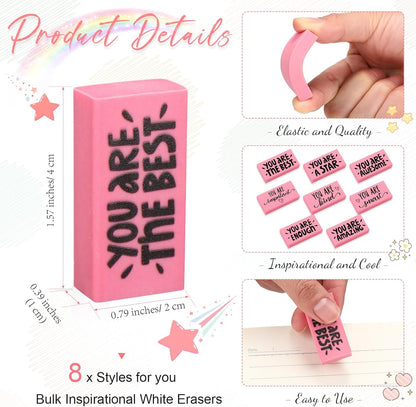 PerKoop 50 Pcs Pcs Inspirational Pink Erasers Bulk Small Motivational Block Pencil Erasers Back to School Gifts for Classroom Students Teachers Office Stationery Supplies